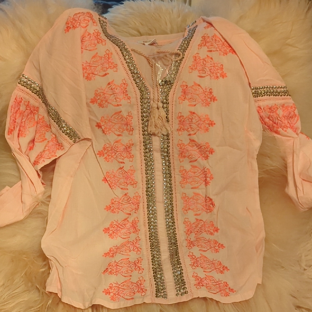 Sundance...From The Catalog. Embroidered Peach Women's Boho Top